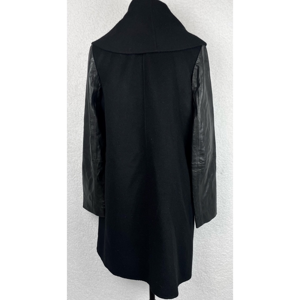 VINCE • Black Leather-Sleeve Shawl Collar Wool Trench Coat, XS - Picture 13 of 15